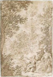 A Woman And A Small Boy Seated In A Wooded Landscape With A Piper In The Background A Woman And A Small Boy Seated In A Wooded Landscape With A Piper In The Background