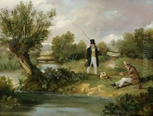 Two Gentlemen Fishing By A Stream by Samuel John Egbert Jones