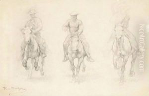 Study Of Three Men On Horseback (Possibly From The American West) by Rosa Bonheur