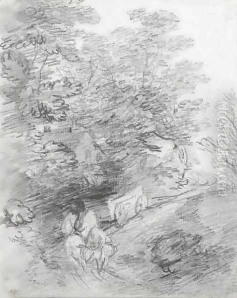 Study Of A Bullock Cart On A Winding Track With Nearby Cottage - view 1