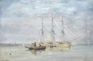 Fisherman Near A Three-Mastership In An Estuary, Chichester Beyond by David Cox