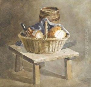 Still Life With Basket, Bread, Bottles And A Keg By A Table by Peter de Wint