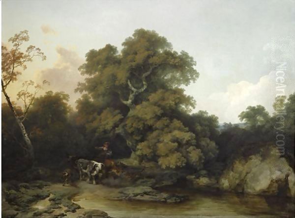 A Young Maid Watering The Cattle In A Wooded, River Landscape - view 1