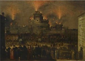 Rome, A View Of Castel Sant'Angelo With Figures Revelling Outdoors, With Fireworks And A Catherine Wheel Above Them by Louis de Caullery