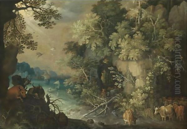 A Bosky Fluvial Landscape With Cattle Resting And Drinking - view 1