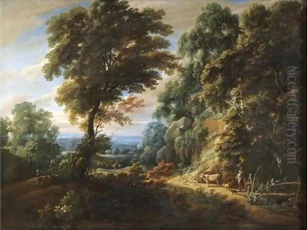 A Wooded Landscape With A Shepherdess Passing A Steep Bank, Probably On The Edge Of The Foret De Soignes - view 1