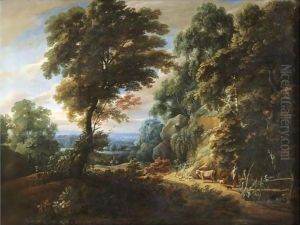 A Wooded Landscape With A Shepherdess Passing A Steep Bank, Probably On The Edge Of The Foret De Soignes