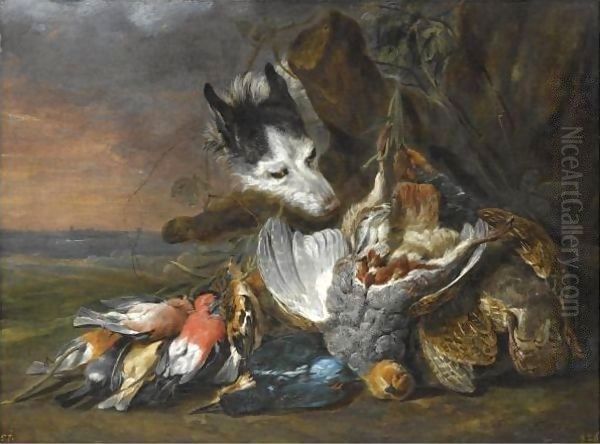 A Still Life In An Exterior With Dead Game, Including A Brace Of Grouse, A Kingfisher And Songbirds - view 1