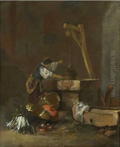 A Woman Pulling Water From A Well, A Pile Of Vegetables At Her Feet - view 1