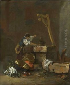 A Woman Pulling Water From A Well, A Pile Of Vegetables At Her Feet by Willem Kalf