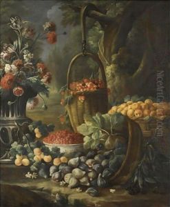 An Upturned Basket Of Figs, Together With Apricots, Other Fruit And Flowers In A Landscape Setting by Baldassare De Caro