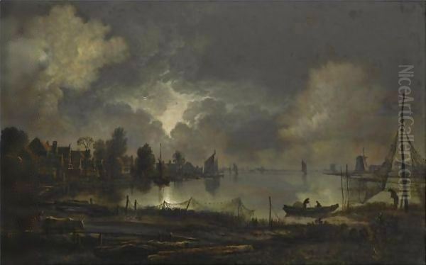 View Of A Lakeside Town By Moonlight, With An Eel Trap In The Foreground - view 1