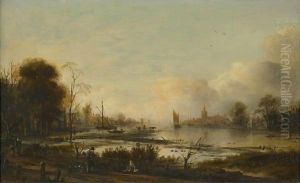 A River Estuary At Dusk With Figures Returning Home Along A Track, A Town Beyond