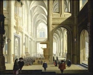 The Interior Of A Gothic Cathedral, With Numerous Elegant Figures, And Women Listening To A Bible Reading by Dirck Van Delen
