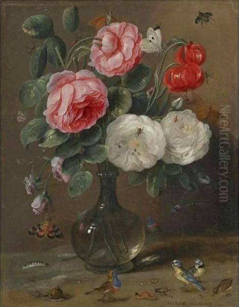 Still Life Of Roses In A Glass Vase With Numerous Insects, Including Butterflies - view 1