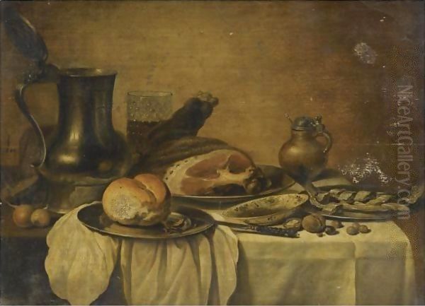 Still Life With A Pewter Jug, A Beaker Of Beer, A Cooked Ham, A Bread Roll On A Pewter Plate - view 1