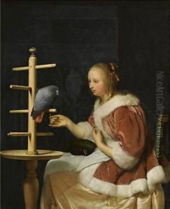 A Young Woman In A Red Jacket Feeding A Parrot