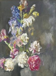 Still Life Study Of Peonies And Iris by Edmund Charles Tarbell