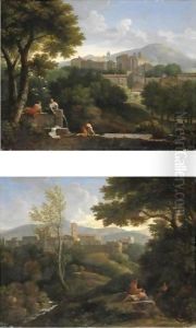 Veduta Di Un Paese Nel Lazio E Tre Figure Presso Un Fontanile