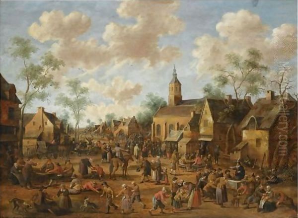 A Village Kermesse, With Numerous Figures Feasting And Conversing In The Street - view 1