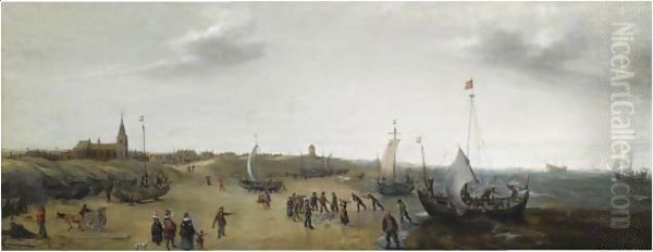 A View Of The Beach At Scheveningen With Fishermen Unloading Their Catch, Elegant Figures Strolling Along The Beach - view 1