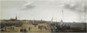 A View Of The Beach At Scheveningen With Fishermen Unloading Their Catch, Elegant Figures Strolling Along The Beach by Hendrick Cornelisz. Vroom