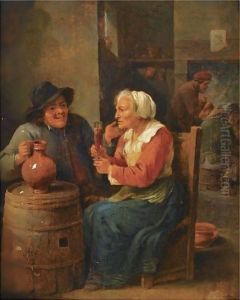 An Interior Scene With A Man And An Elderly Woman Seated Around A Barrel Drinking