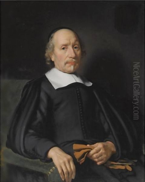 Portrait Of A Man, Seated Half-Length, Wearing A Black Robe With A White Flat Collar, Holding A Pair Of Gloves - view 1