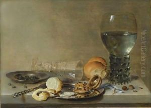 Still Life Of A Roemer And A Facon De Venise, A Partly Peeled Lemon, A Pocket-Watch And Capers On Pewter Plates by Willem Claesz. Heda