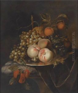 A Still Life Of Blue And White Grapes, Peaches, Plums, A Pear And A Pomegranate, All On A Pewter Platter by Heroman Van Der Mijn