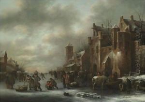 A Winter Landscape With Numerous Figures On A Frozen River Outside The Town Walls