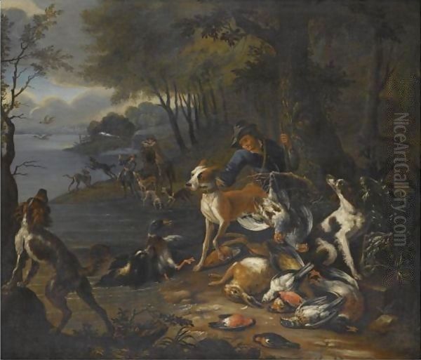 A Wooded Landscape With Huntsmen And Their Hounds On The Banks Of A Lake - view 1