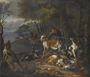 A Wooded Landscape With Huntsmen And Their Hounds On The Banks Of A Lake by Adriaen de Gryef