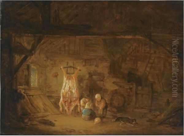 A Barn Interior With Three Children Playing With A Pig's Bladder, Next To A Slaughtered Pig - view 1