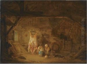 A Barn Interior With Three Children Playing With A Pig's Bladder, Next To A Slaughtered Pig by Isaack Jansz. van Ostade