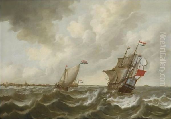 Dutch Shipping In Stormy Waters, Off The Coast Of Middelburg, With A View Of Vlissingen And The Fort Rammekens In The Distance - view 1