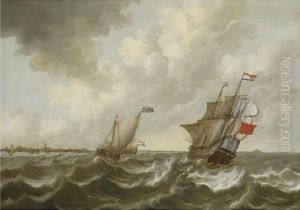 Dutch Shipping In Stormy Waters, Off The Coast Of Middelburg, With A View Of Vlissingen And The Fort Rammekens In The Distance
