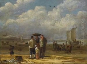 Fishermen And Women Conversing On The Beach, Other Fishermen Unloading Their Catch In The Background by Cornelis van de Velde