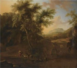 An Italianate Wooded River Landscape With Shepherds And Their Herd Of Goats In The Foreground