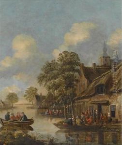 A Riverside Village, With Numerous Figures In Rowing Boats Outside An Inn by Thomas Heeremans