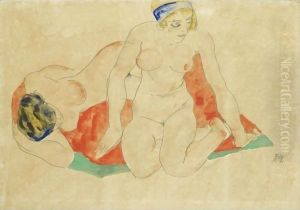 Reclining And Seated Female Nudes On A Red And Green Cloth by Egon Schiele
