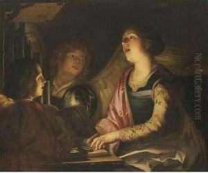 Saint Cecilia, Seated At The Organ With Choral Singers by Gerrit Van Honthorst