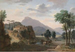 An Italianate Landscape With A Herder And His Cows Before A Hilltop Town by Jean-Victor Bertin