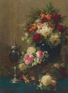 Still Life Of Flowers With A Coconut Chalice On A Table by Jean-Baptiste Robie