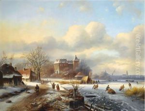 A Winter Landscape With Skaters On The Ice, A Town In The Distance by Johannes Petrus van Velzen
