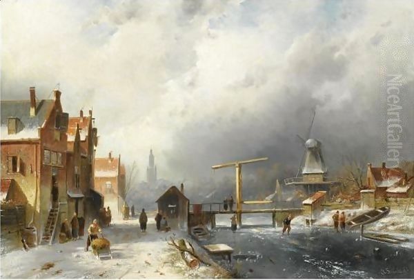 A Wintry Dutch Town With Skaters On A Frozen Canal - view 1