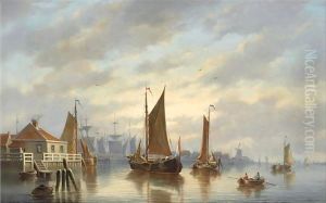 A Dutch Harbour At Sunset by Johannes Hilverdink