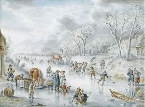 Many Figures On A Frozen Canal, A 'Koek En Zopie' In The Distance