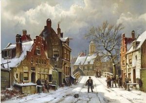 Figures In The Streets Of A Wintry Dutch Town by Willem Koekkoek