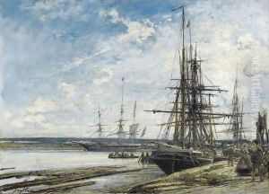 Moored Sailing Vessels On The River Maas Near Rotterdam by Johan Barthold Jongkind